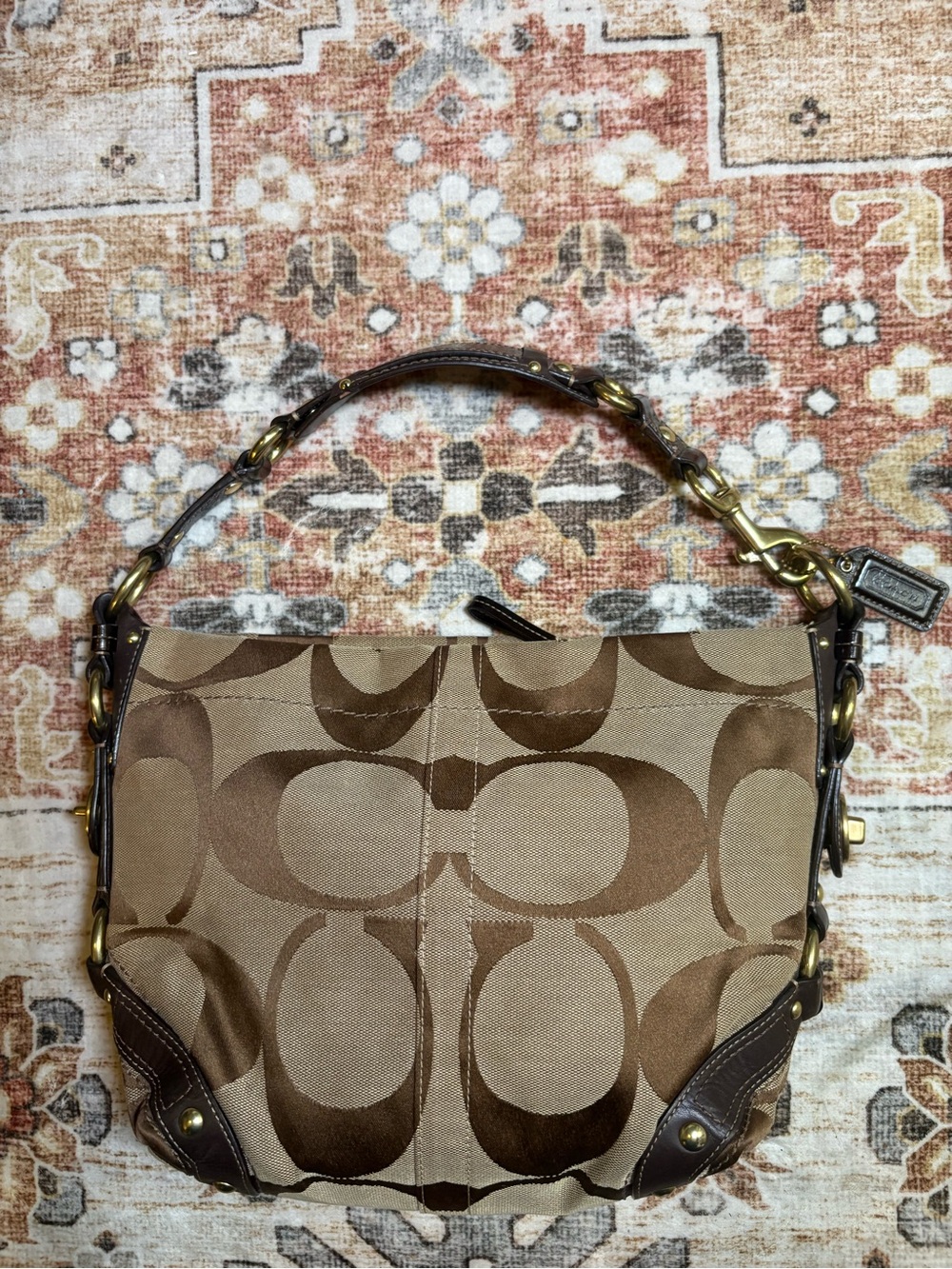 Coach Carly 12871 Tan Signature Canvas Shoulder Bag with Dark Brown Trim - Picture 2 of 12